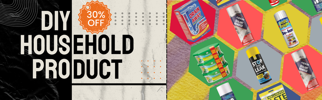 Vibrant collection of household DIY products UK with various spray bottles and tools for home improvement