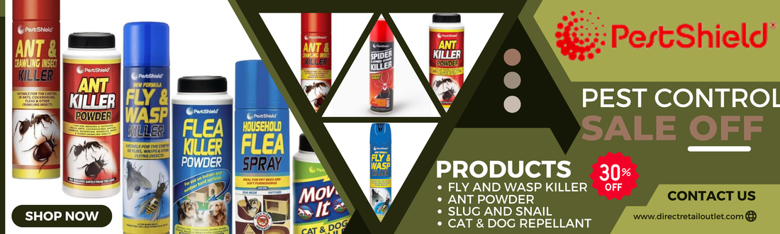 PestShield pest control products displayed with ant killer, flea spray, and repellents on sale
