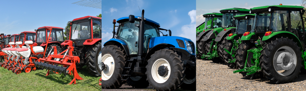 Tractor paint in Massey Ferguson Red, John Deere Green, and Ford Blue – ideal for farm machinery and restoration.