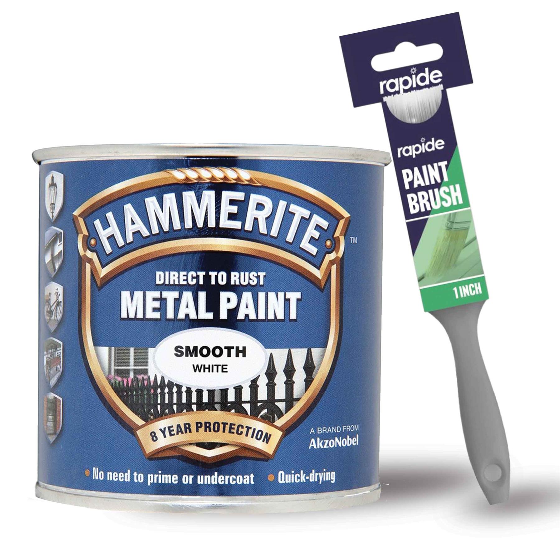Hammerite Smooth White Metal Paint 250ml With 1" Paint Brush