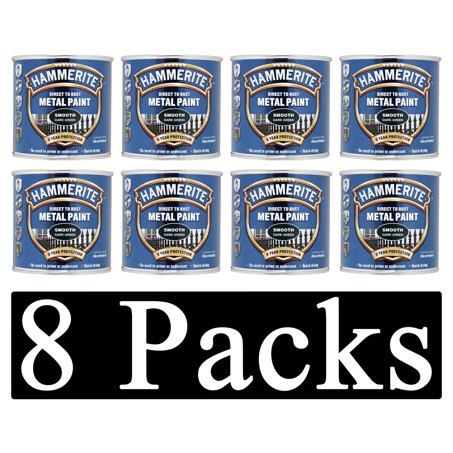 8X Hammerite Smooth Dark Green Paint 250ml Tin Paint