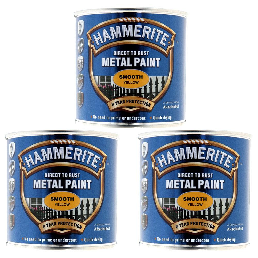 3X Hammerite Smooth Yellow Paint 250ml Tin Paint