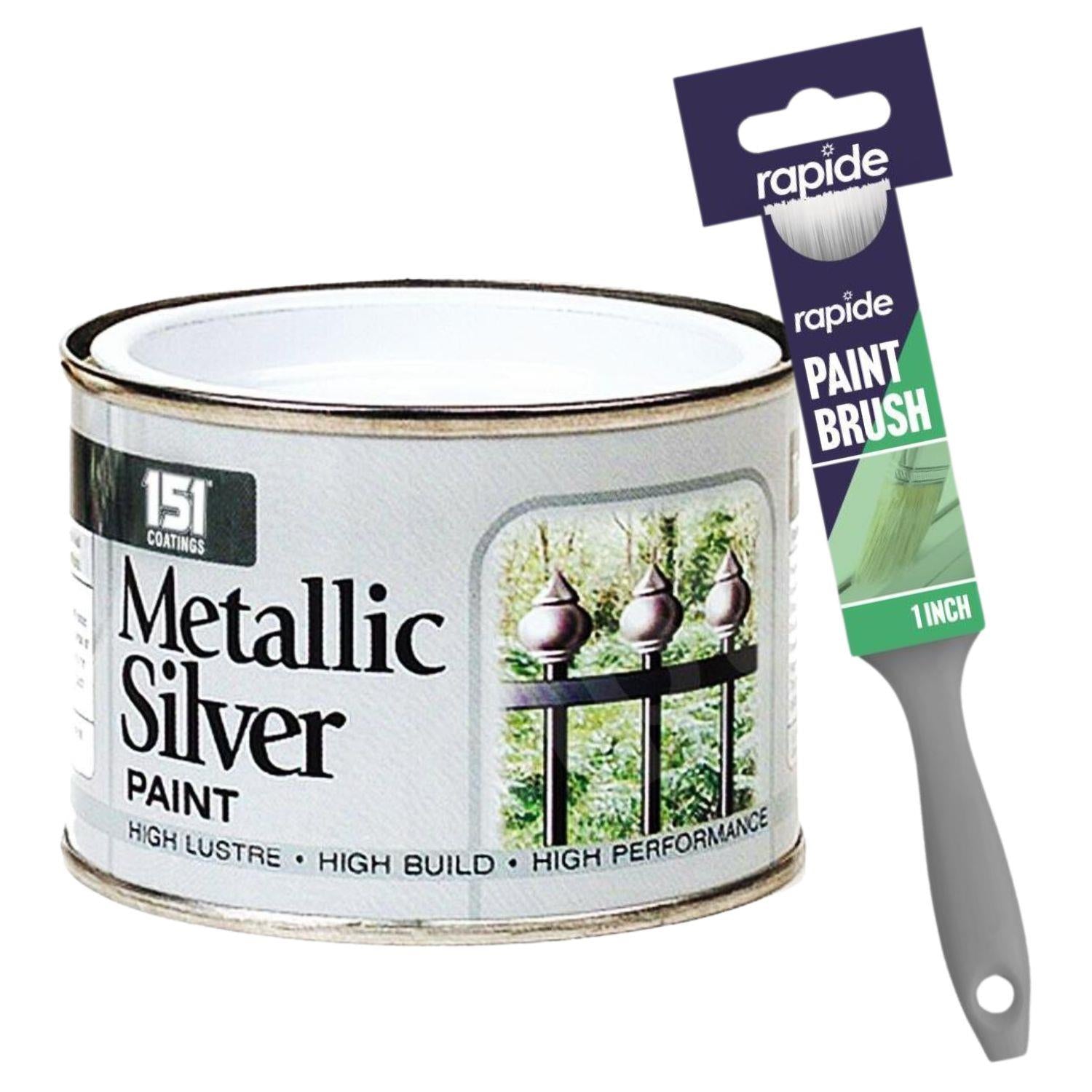 Metallic Silver Paint Tin 180ml With 1" Paint Brush Tin Paint