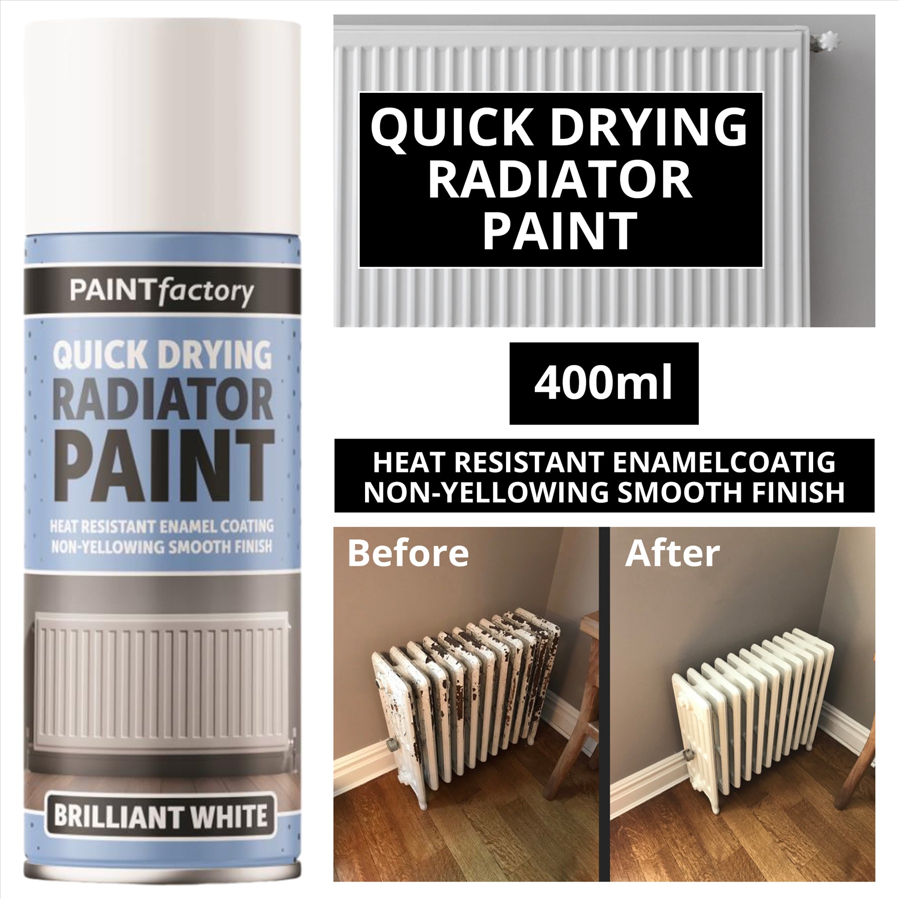 Paint Factory Quick Drying Radiator Paint White 400ml Spray Paint