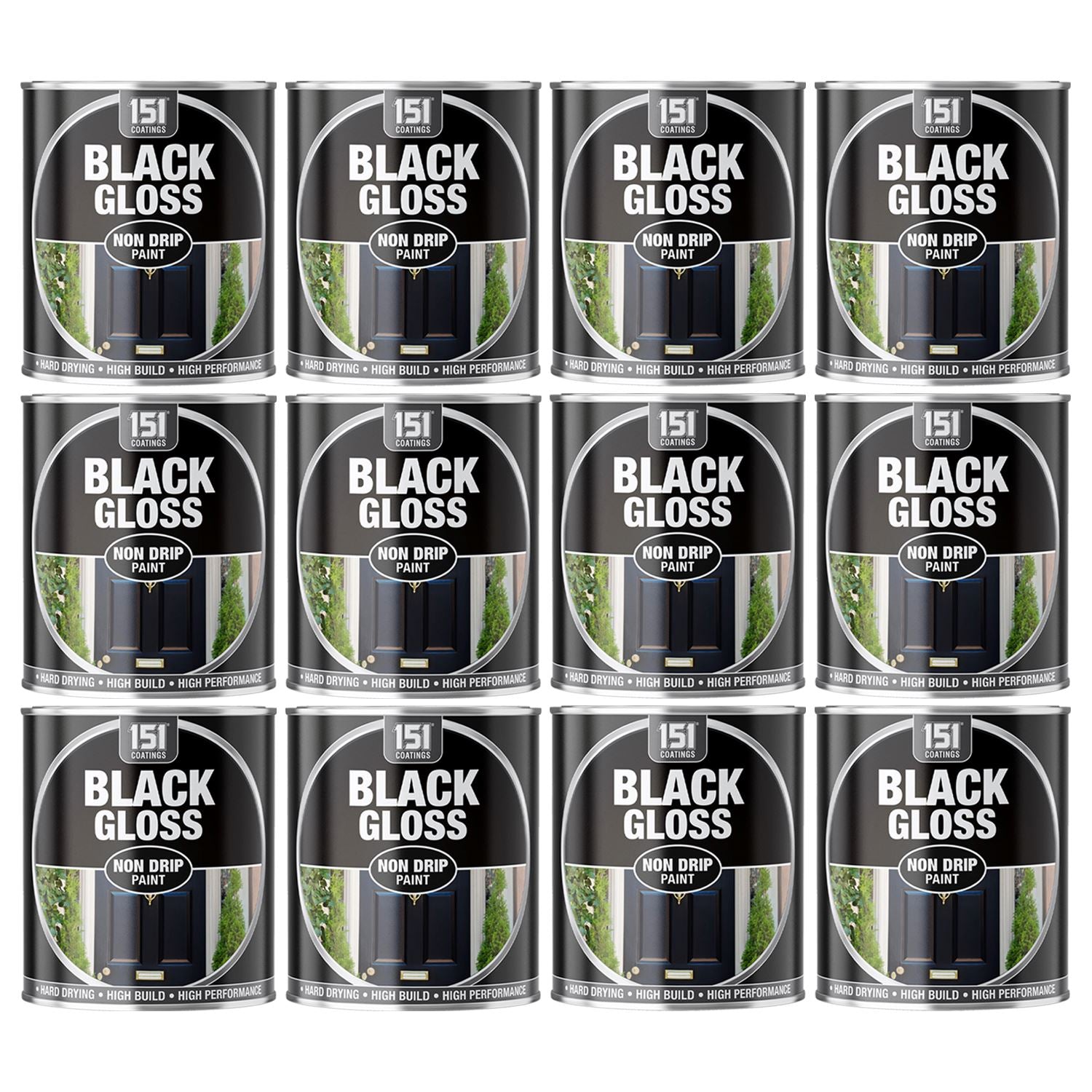 12X Black Gloss Non-Drip Paint 300ml Tin Paint