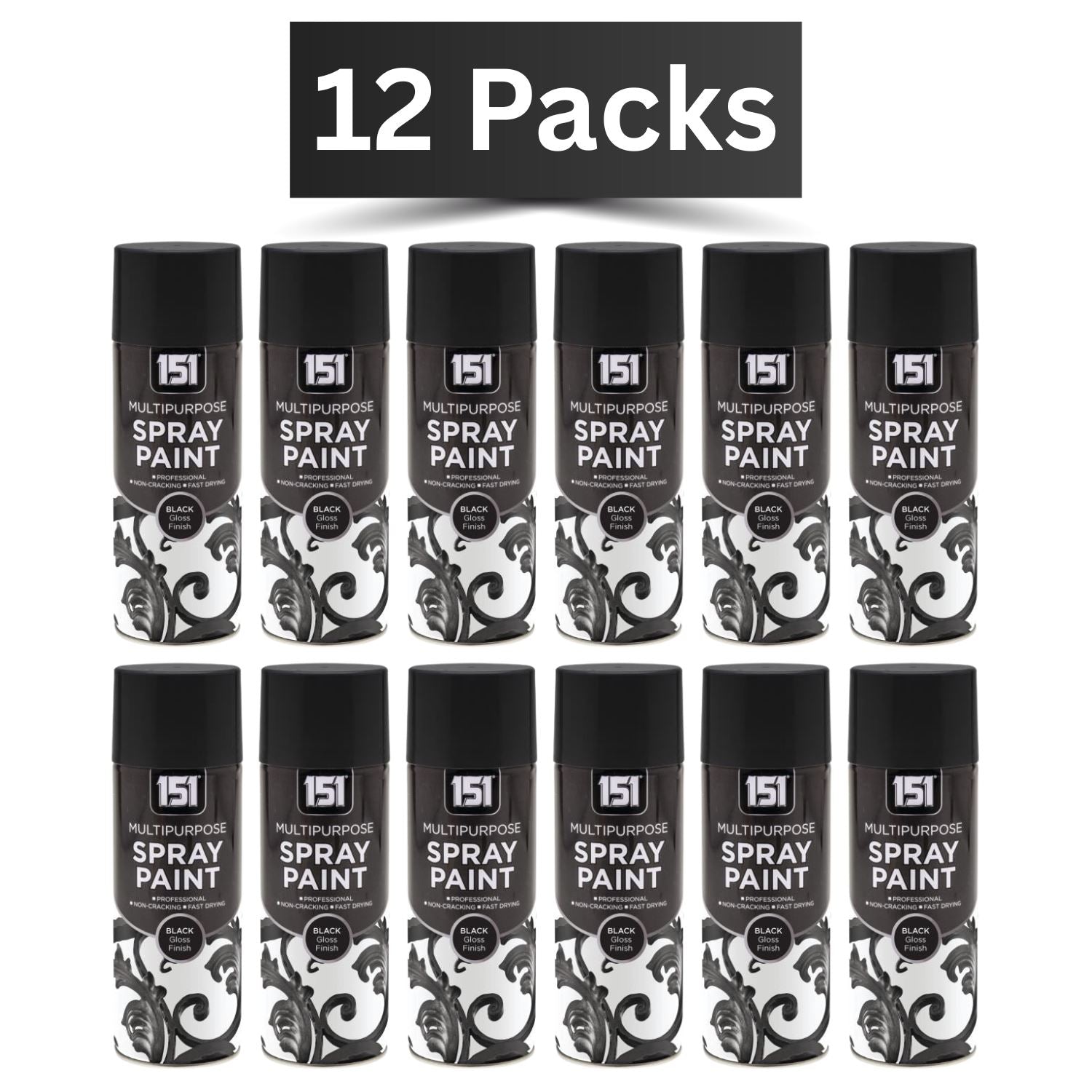 151 Multipurpose Spray Paint in a pack of 12, featuring black gloss spray paint 400ml cans