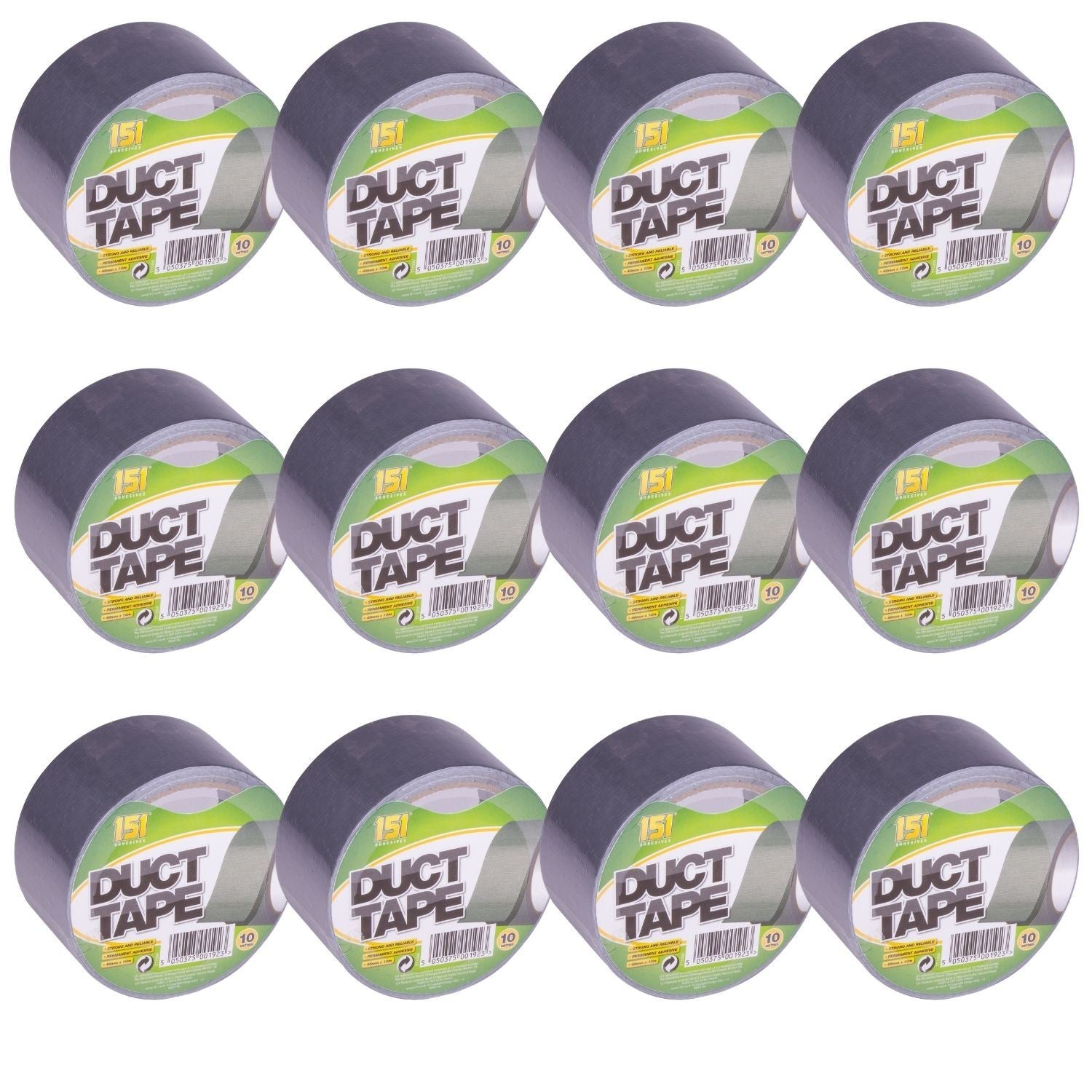 151 Duct Tape s in a pack of twelve rolls for durable and versatile repairs