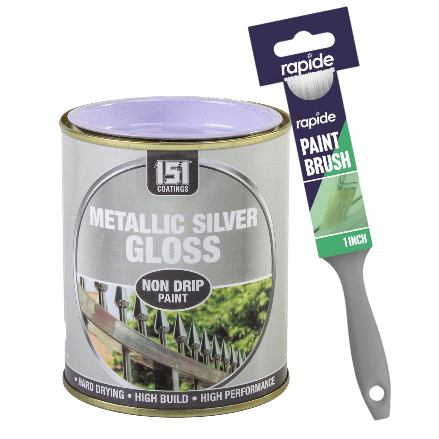 Metallic Silver Gloss Non-Drip Paint 300ml With 1" Paint Brush Tin Paint