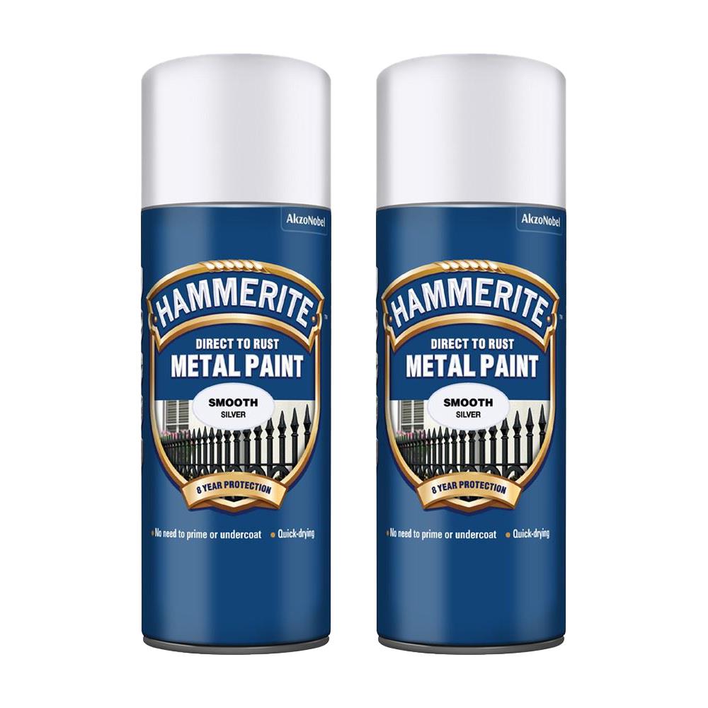 2X Hammerite Smooth Silver Spray Paint 400ml Spray Paint