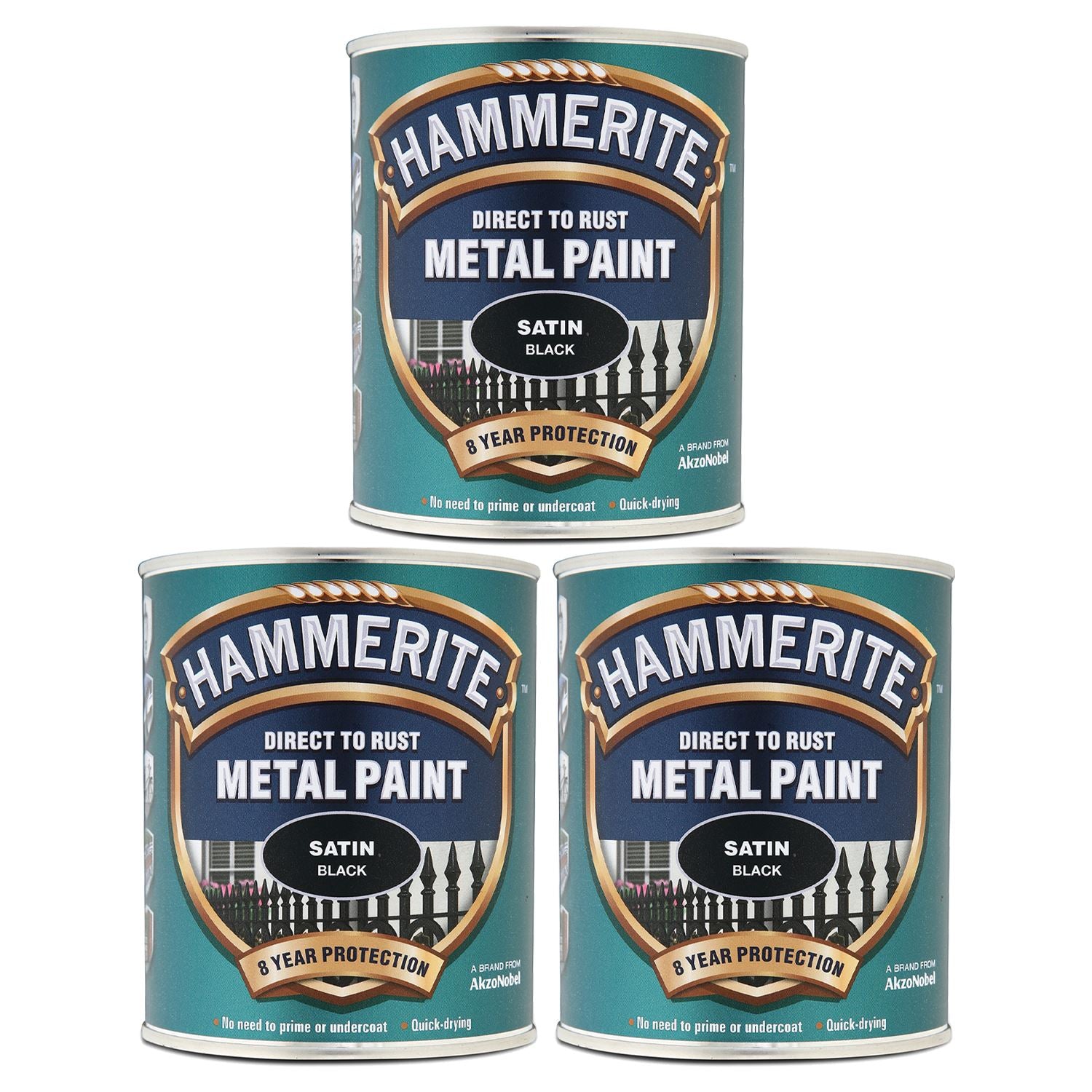 3X Hammerite Satin Black Paint 750ml Tin Paint