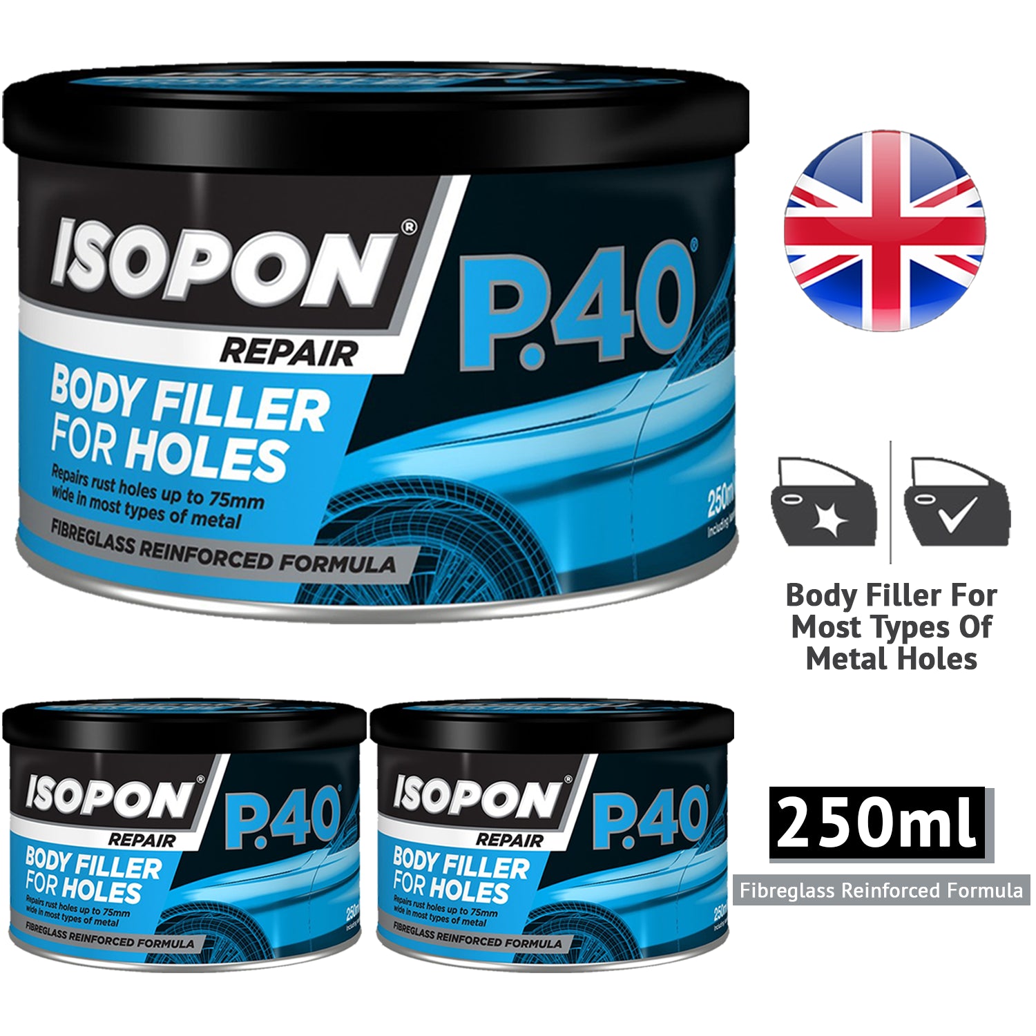 3X Isopon P40 Body Filler 250ml Body Filler