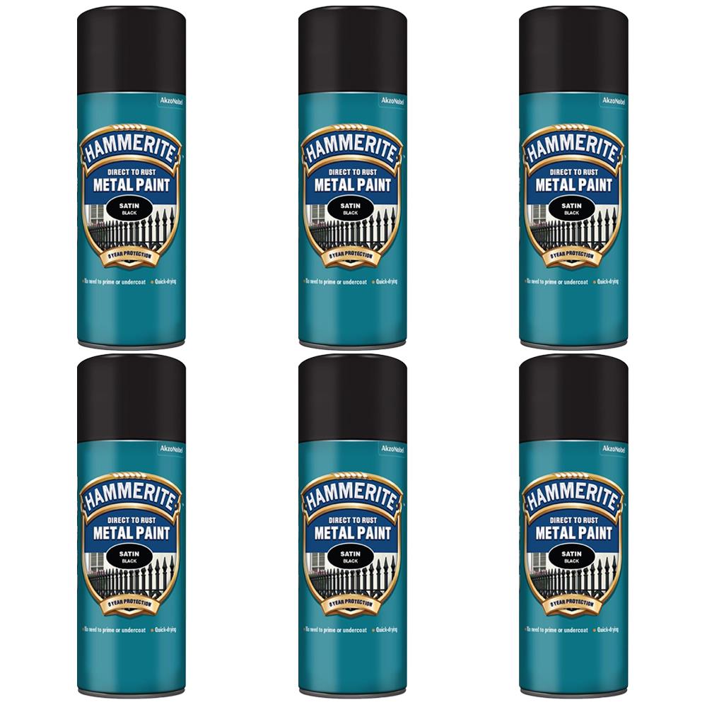 6X Hammerite Satin Black Spray Paint 400ml Spray Paint