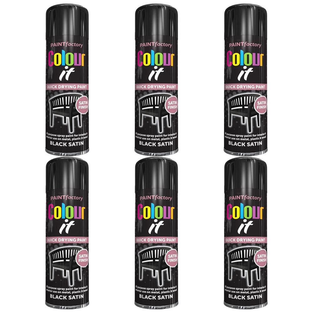 6X Paint Factory Black Satin Spray Paint 250ml Spray Paint