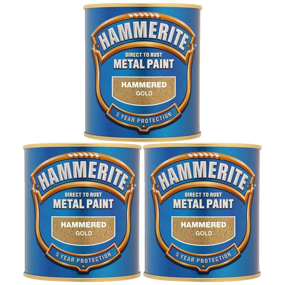 3X Hammerite Hammered Gold Paint 250ml Tin Paint
