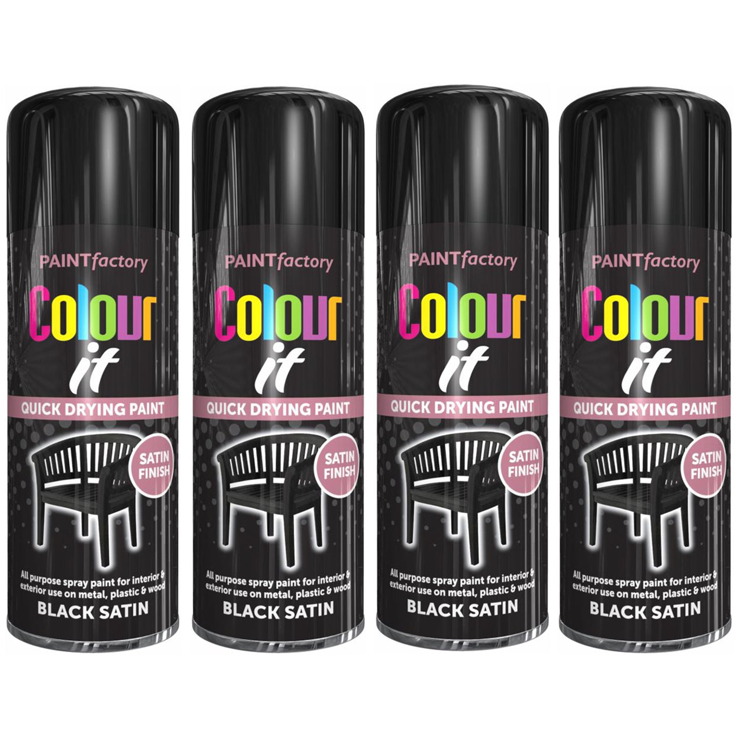 4X Paint Factory Black Satin Spray Paint 400ml Spray Paint