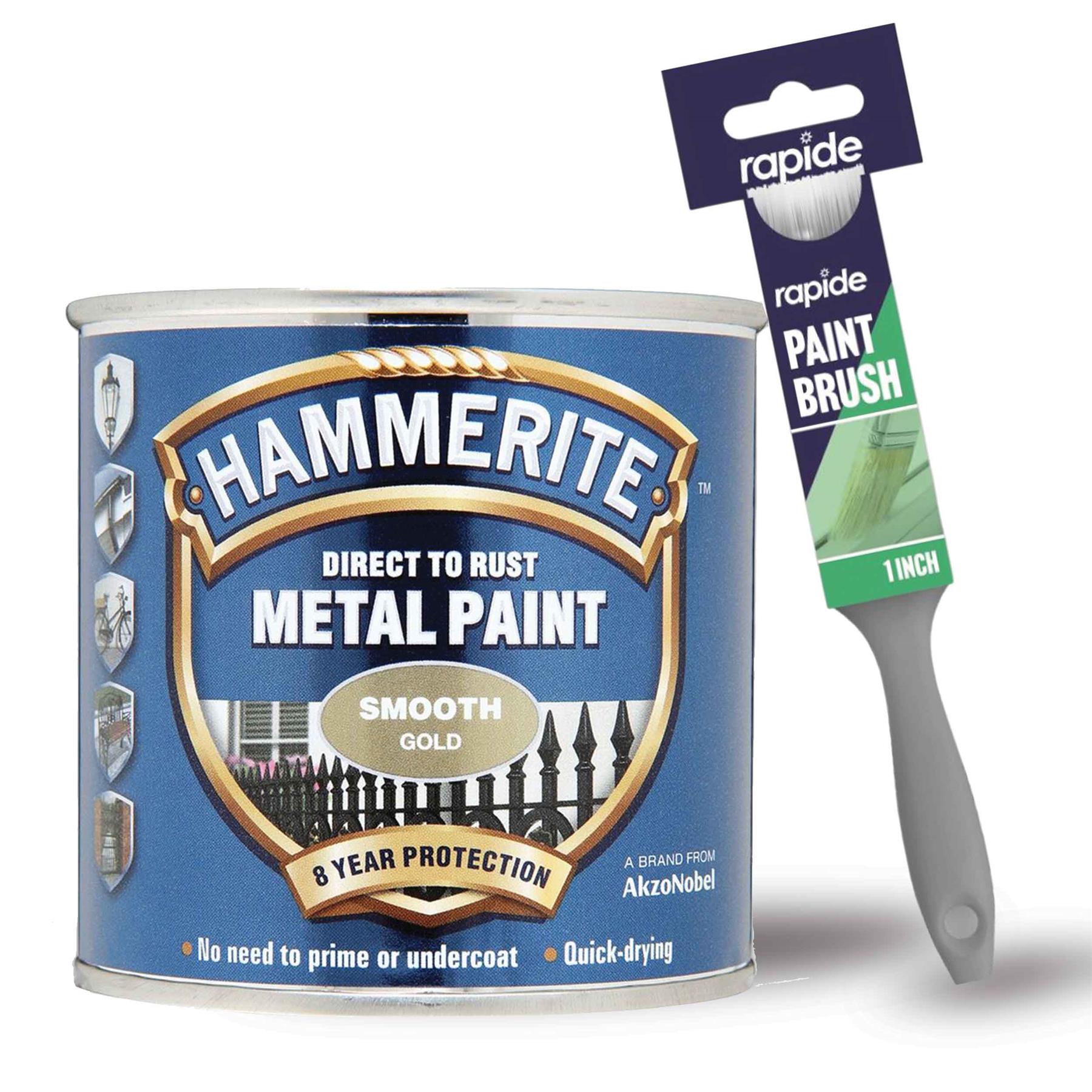 Hammerite Smooth Gold Metal Paint 250ml With 1" Paint Brush