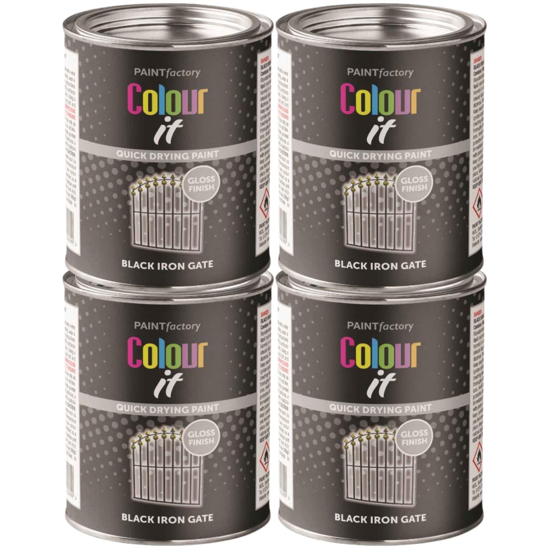4X Paint Factory Black Iron Gate Gloss Tin Paint 300ml Tin Paint