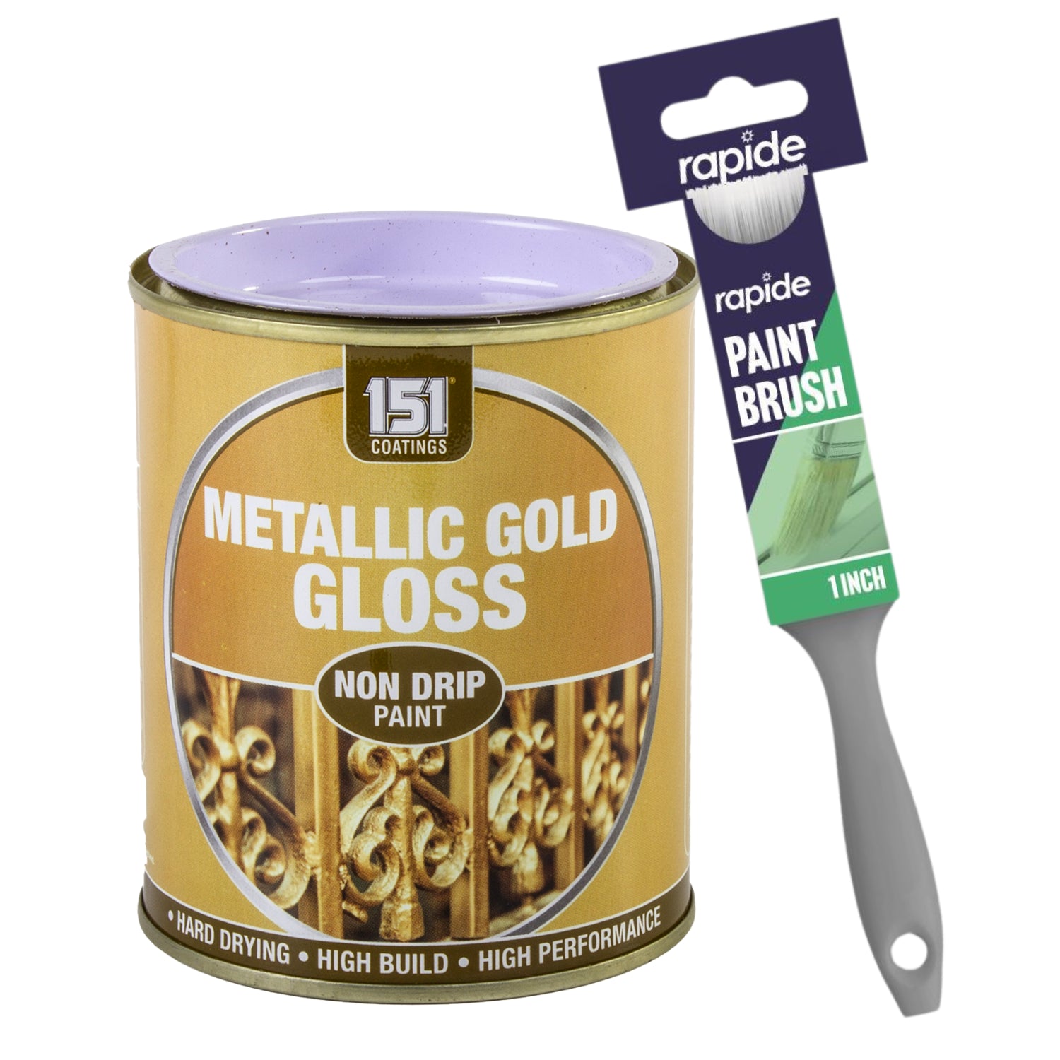 Metallic Gold Gloss Non-Drip Paint 300ml With 1" Paint Brush Tin Paint
