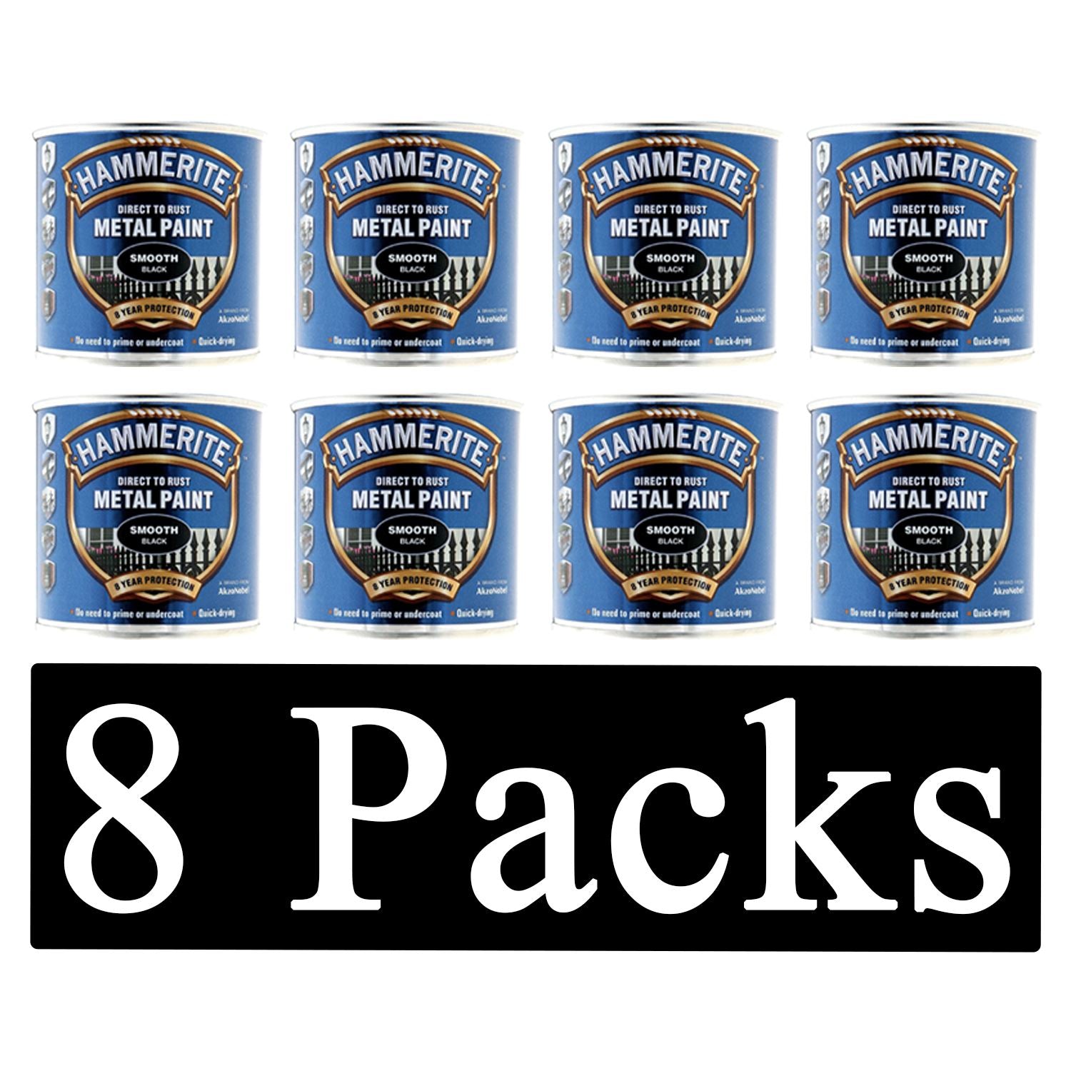 8X Hammerite Smooth Black Paint 250ml Tin Paint