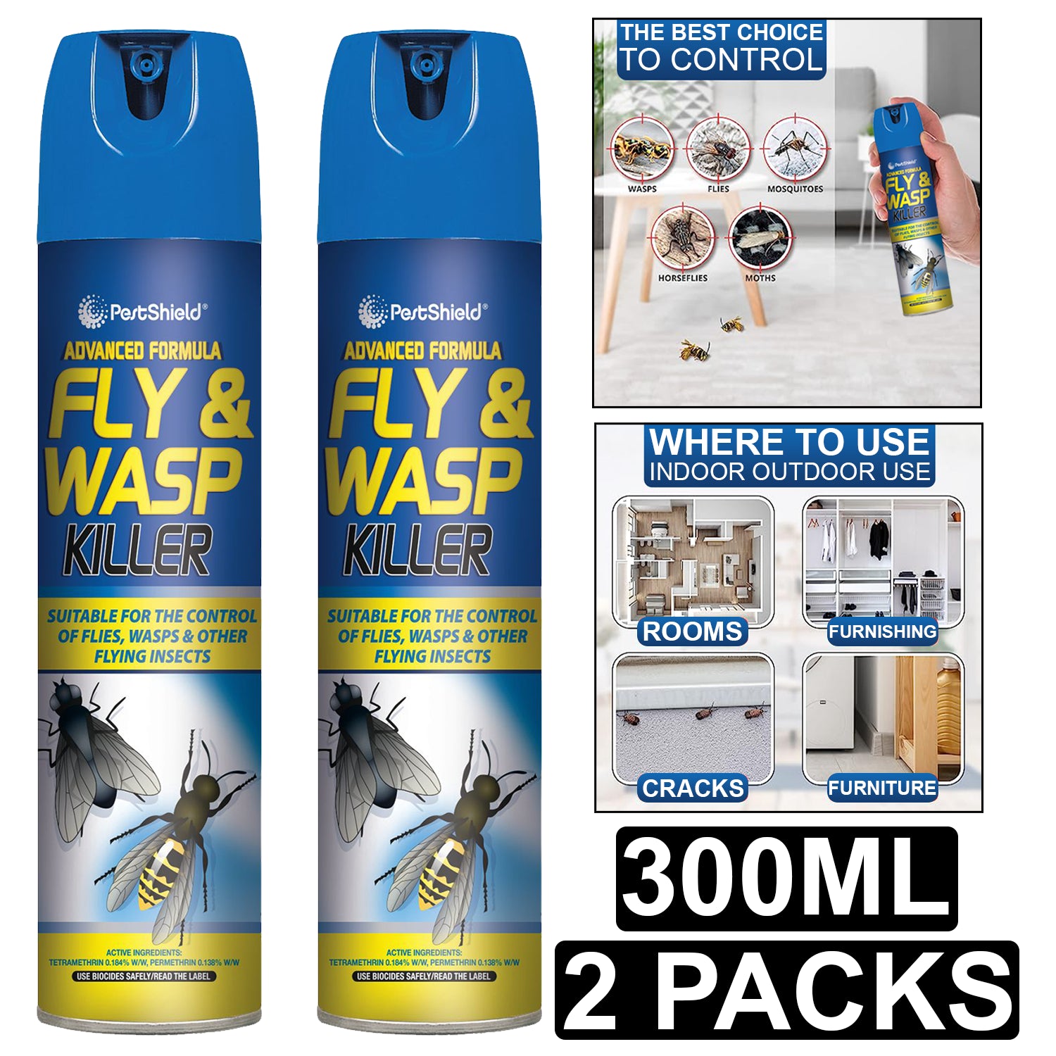 2X PestShield Fly & Wasp Killer Spray 300ml Pest Control