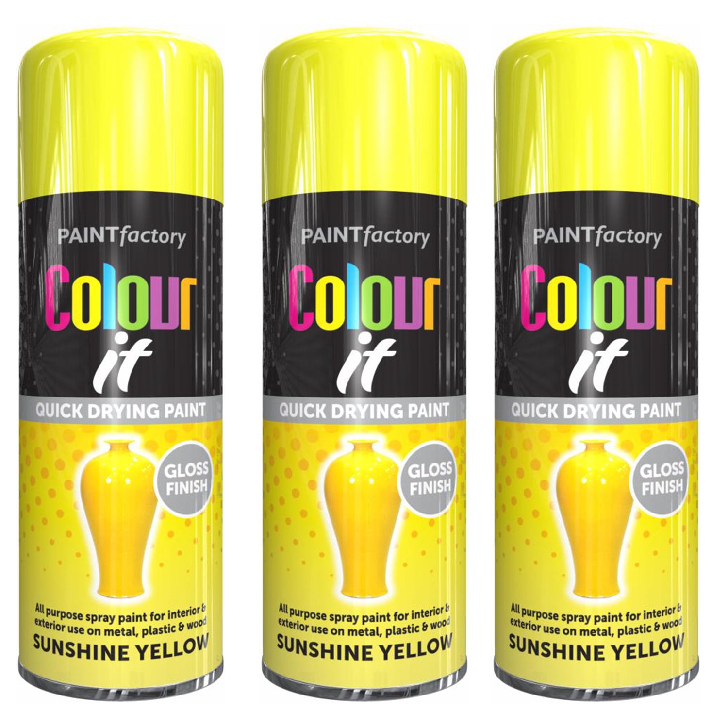 3X Paint Factory Sunshine Yellow Gloss Spray Paint 400ml Spray Paint