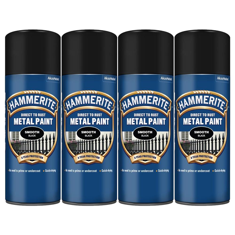 4X Hammerite Smooth Black Spray Paint 400ml Spray Paint