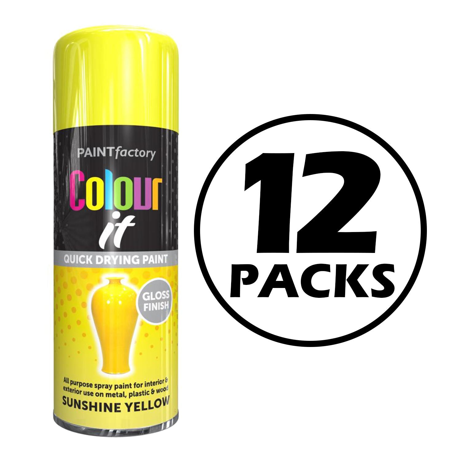 12X Paint Factory Sunshine Yellow Gloss Spray Paint 250ml Spray Paint