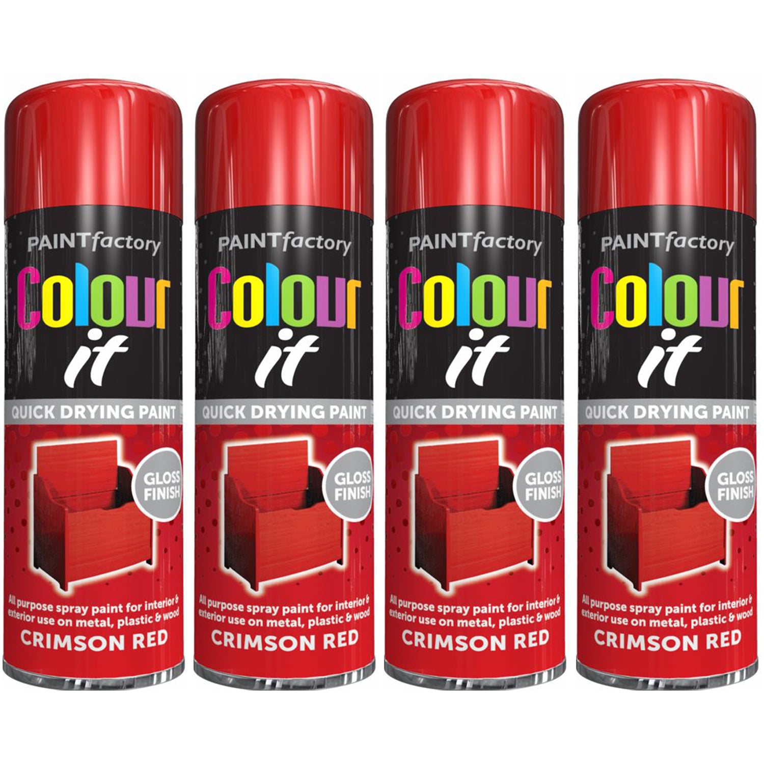 4X Paint Factory Crimson Red Gloss Spray Paint 250ml Spray Paint