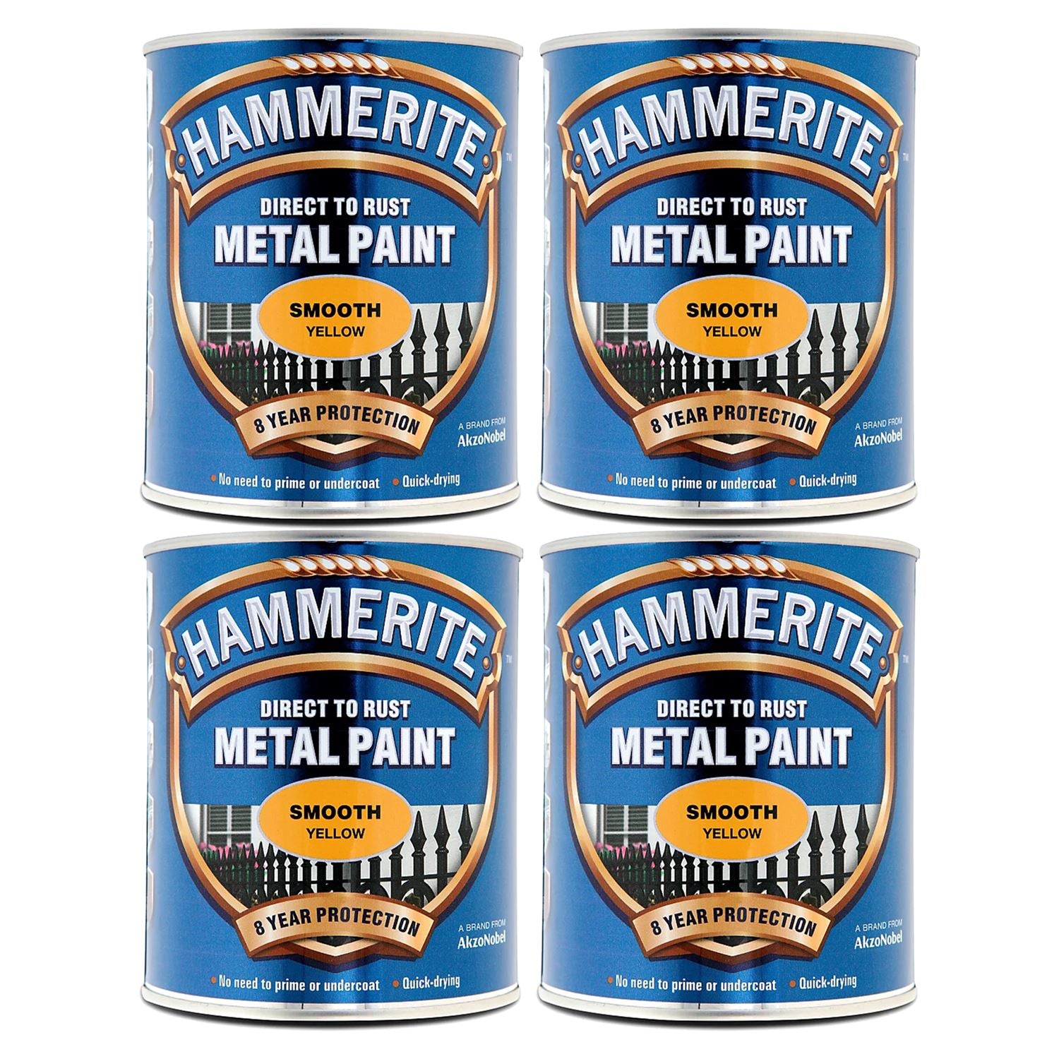 4X Hammerite Smooth Yellow Paint 750ml Tin Paint