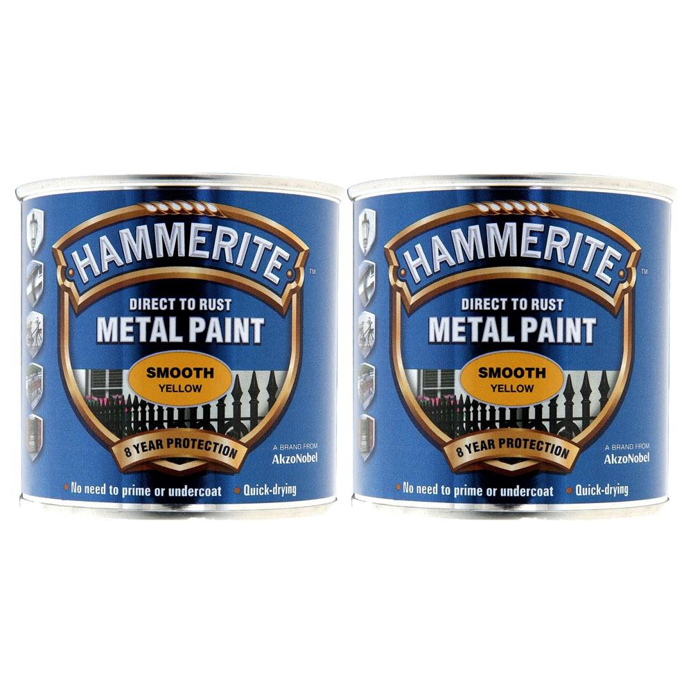 2X Hammerite Smooth Yellow Paint 250ml Tin Paint