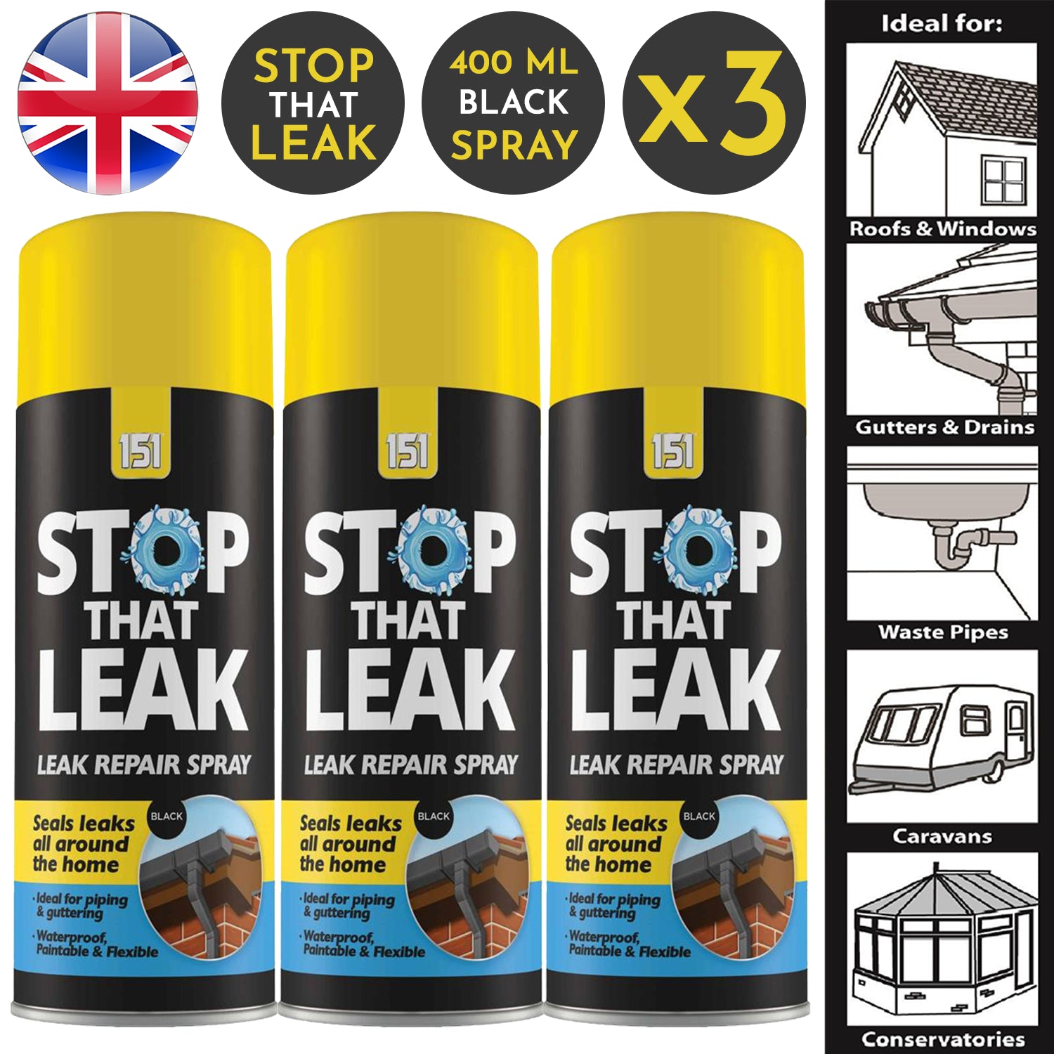 3X 151 Stop That Leak Black Spray 400ml Sealant