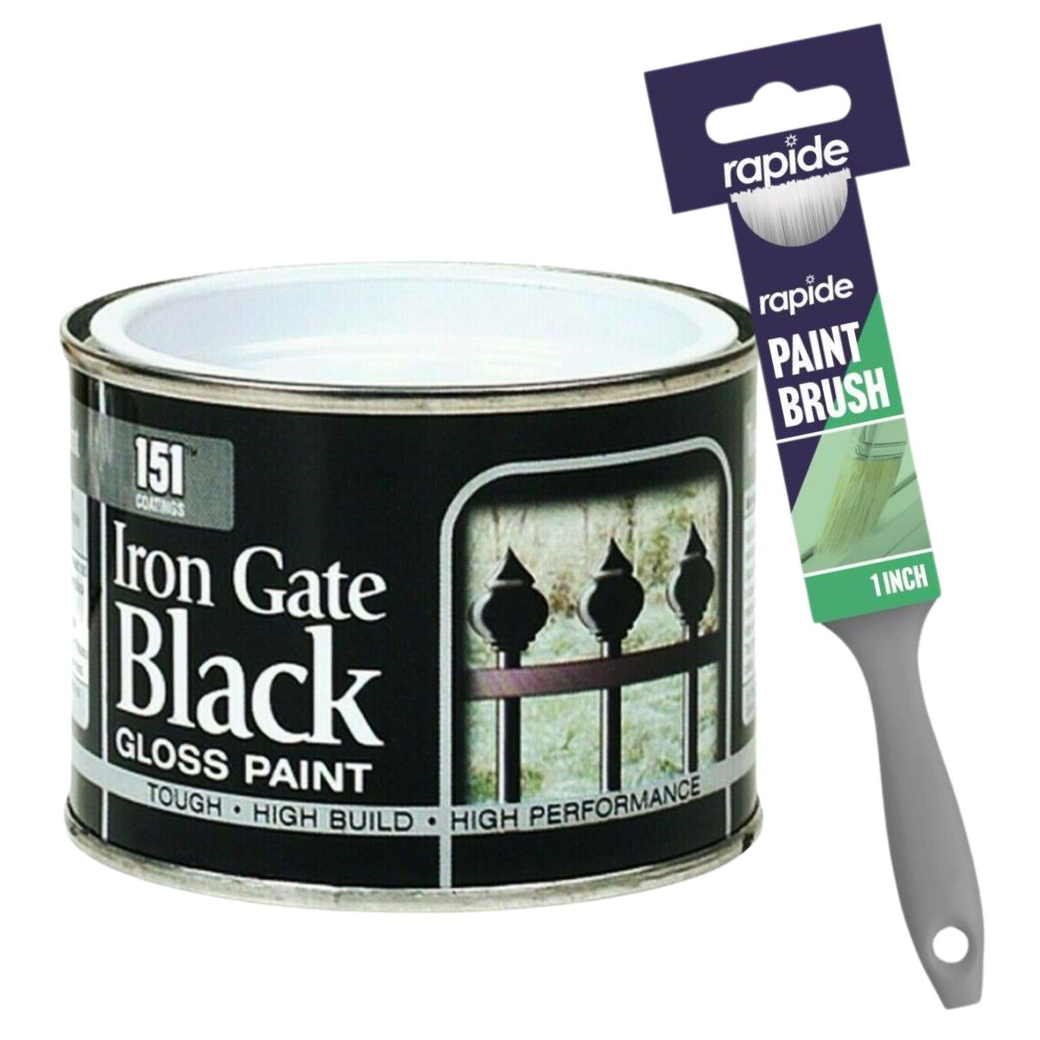 Iron Gate Black Gloss Paint Tin 180ml With 1" Paint Brush Tin Paint