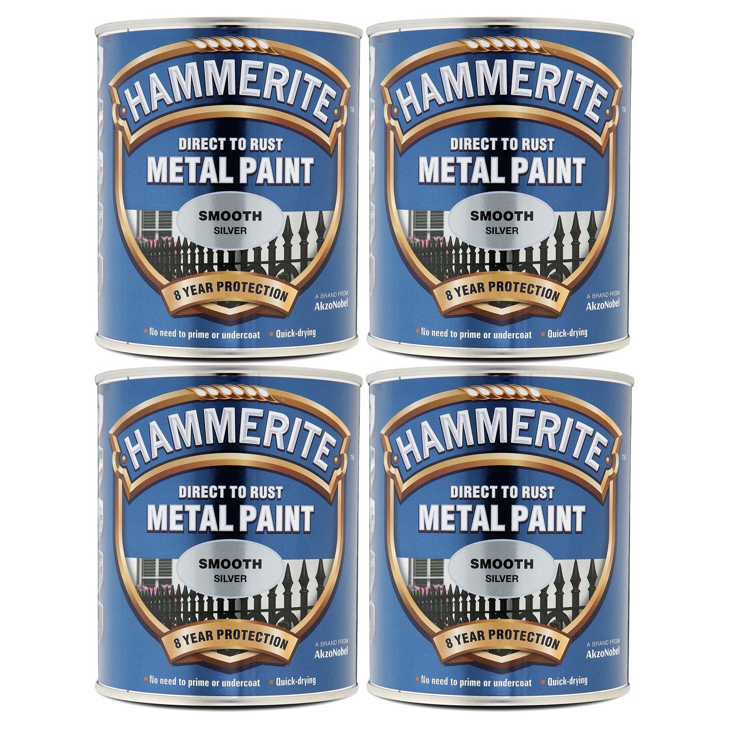 4X Hammerite Smooth Silver Paint 750ml Tin Paint