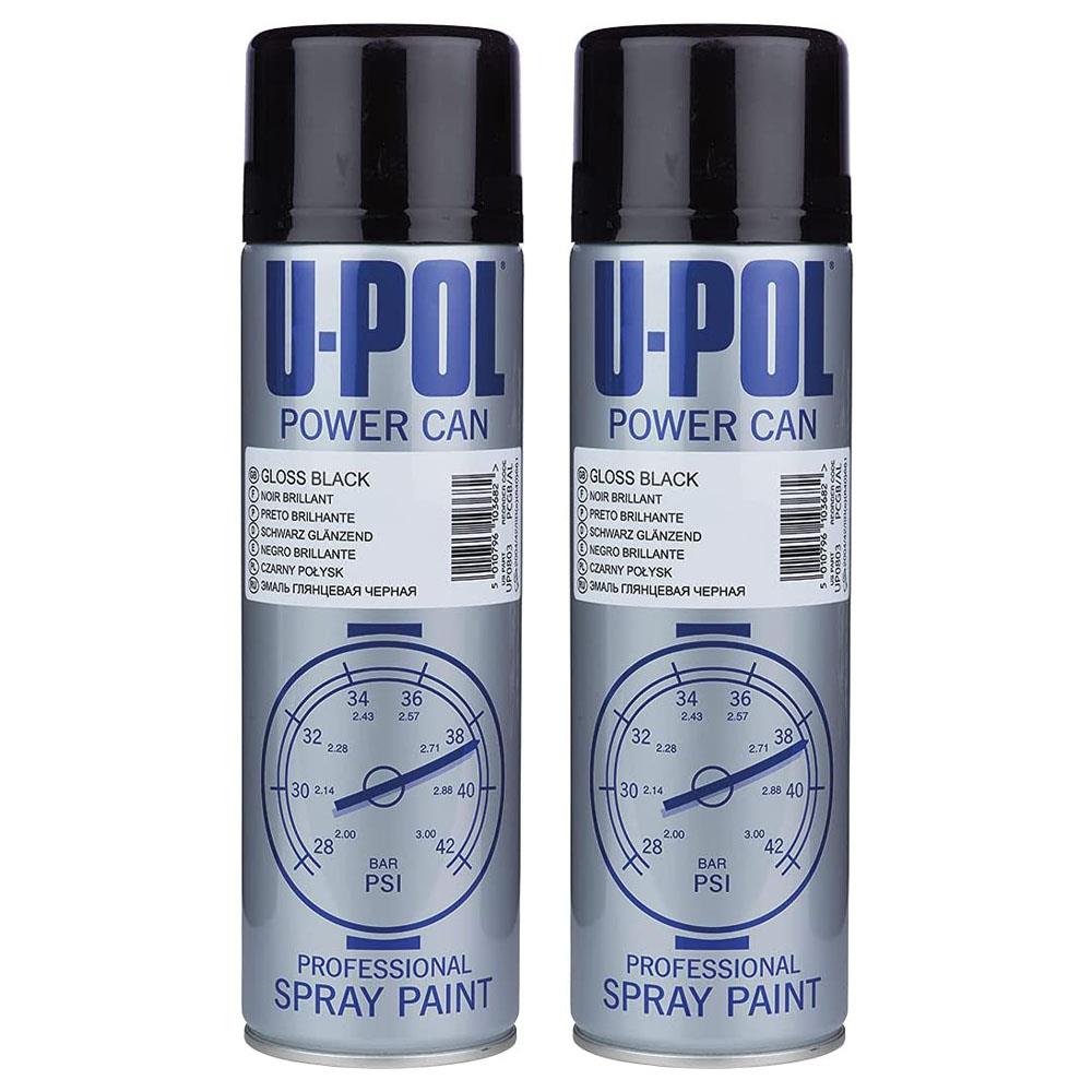 2X Upol Power Can Topcoat Gloss Black Aerosol Spray 500ml Spray Paint