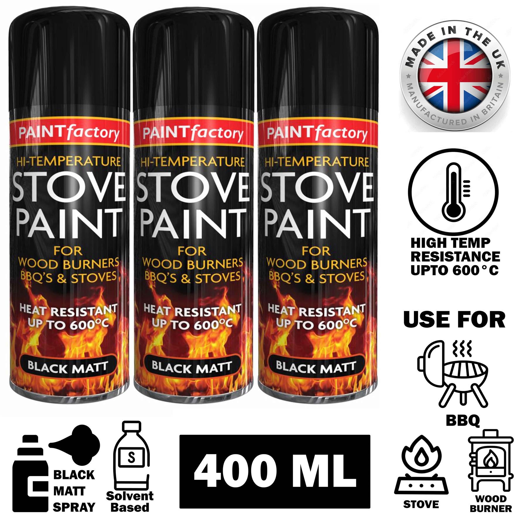 3X High Temp Black Stove Spray Paint 400ml Spray Paint
