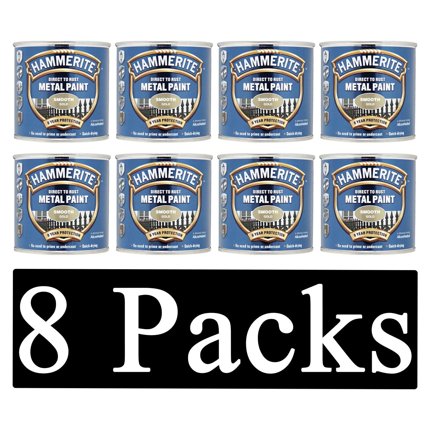 8X Hammerite Smooth Gold Paint 250ml Tin Paint