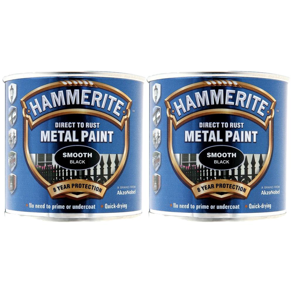 2X Hammerite Smooth Black Paint 250ml Tin Paint