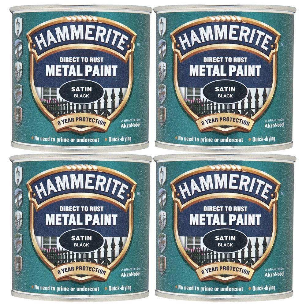 4X Hammerite Satin Black Paint 250ml Tin Paint