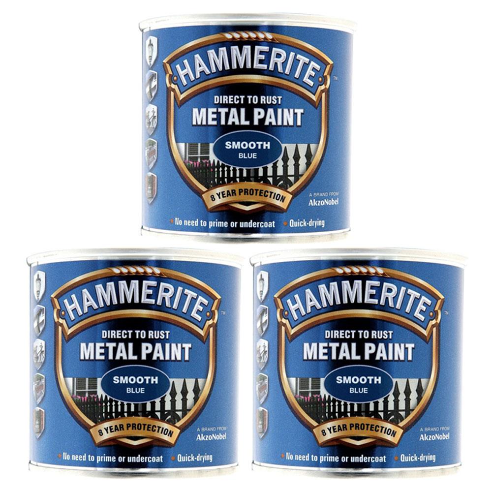 3X Hammerite Smooth Blue Paint 250ml Tin Paint