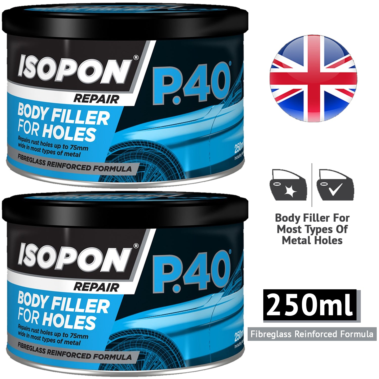 2X Isopon P40 Body Filler 250ml Body Filler