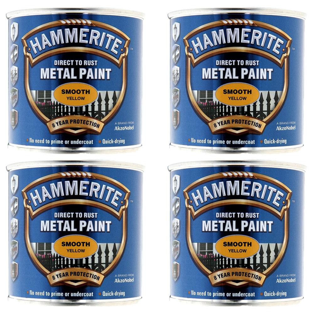 4X Hammerite Smooth Yellow Paint 250ml Tin Paint