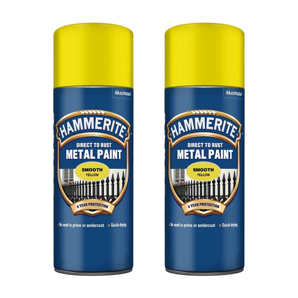 2X Hammerite Smooth Yellow Spray Paint 400ml Spray Paint