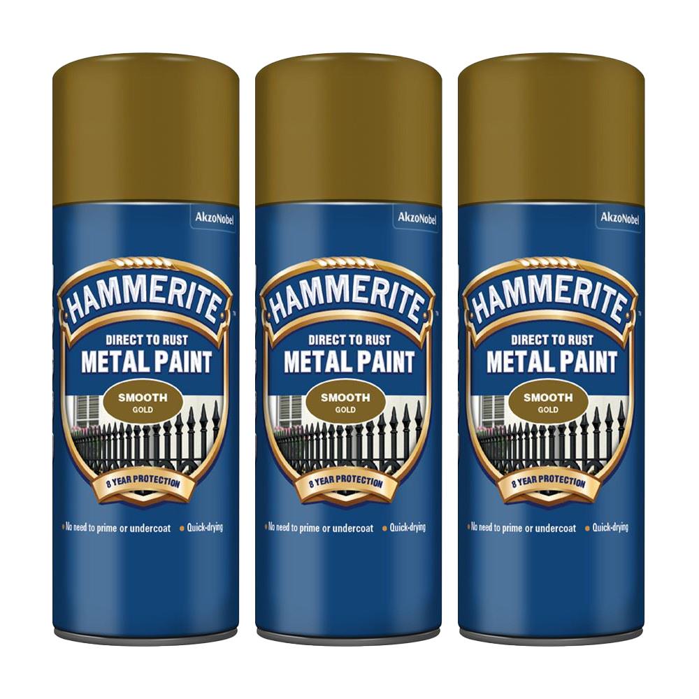3X Hammerite Smooth Gold Spray Paint 400ml Spray Paint