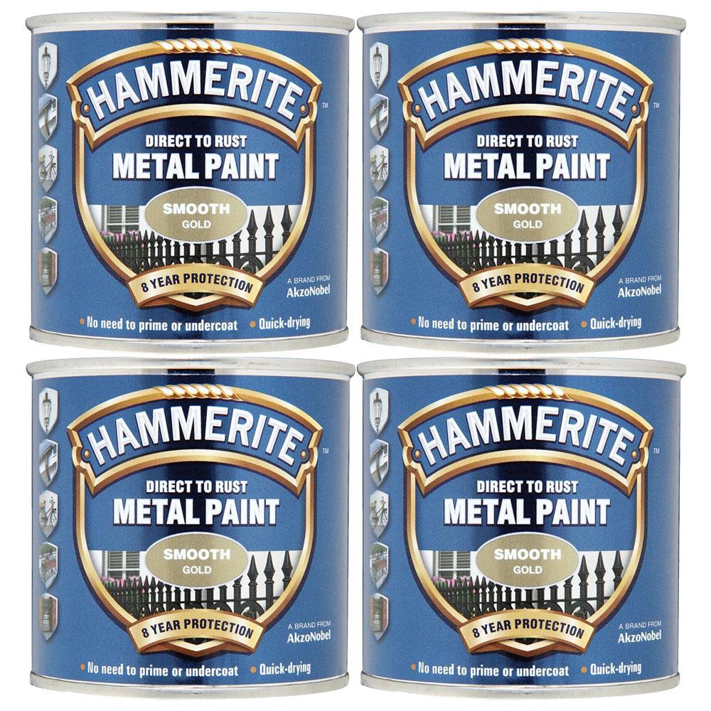4X Hammerite Smooth Gold Paint 250ml Tin Paint