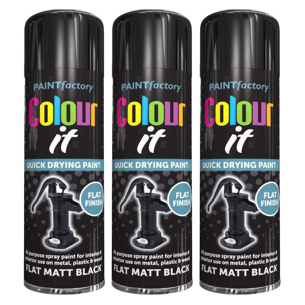 3X Paint Factory Flat Matt Black Spray Paint 250ml Spray Paint