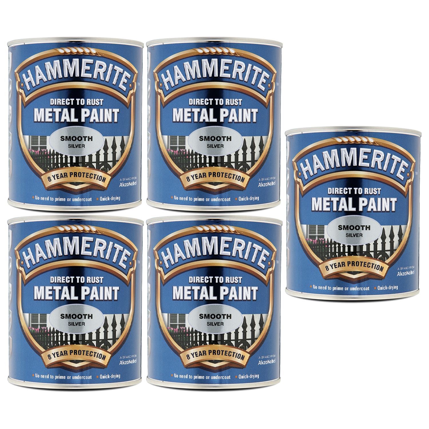 5X Hammerite Smooth Silver Paint 750ml Tin Paint