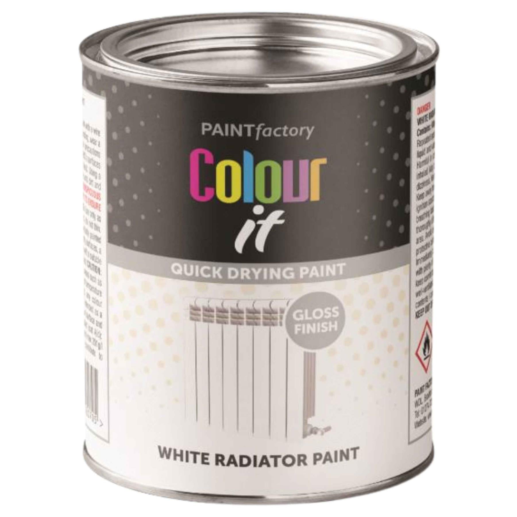 Tin of Paint Factory Colour It Quick Drying White Radiator Gloss Paint with a gloss finish