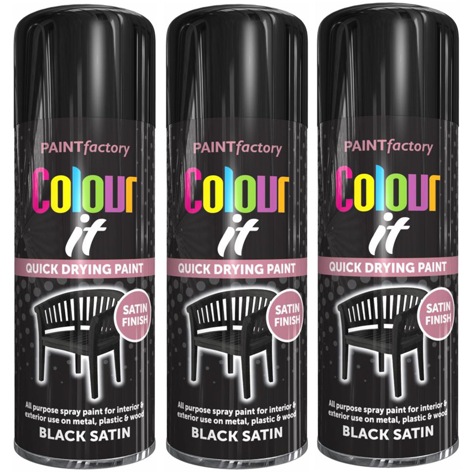 3X Paint Factory Black Satin Spray Paint 400ml Spray Paint