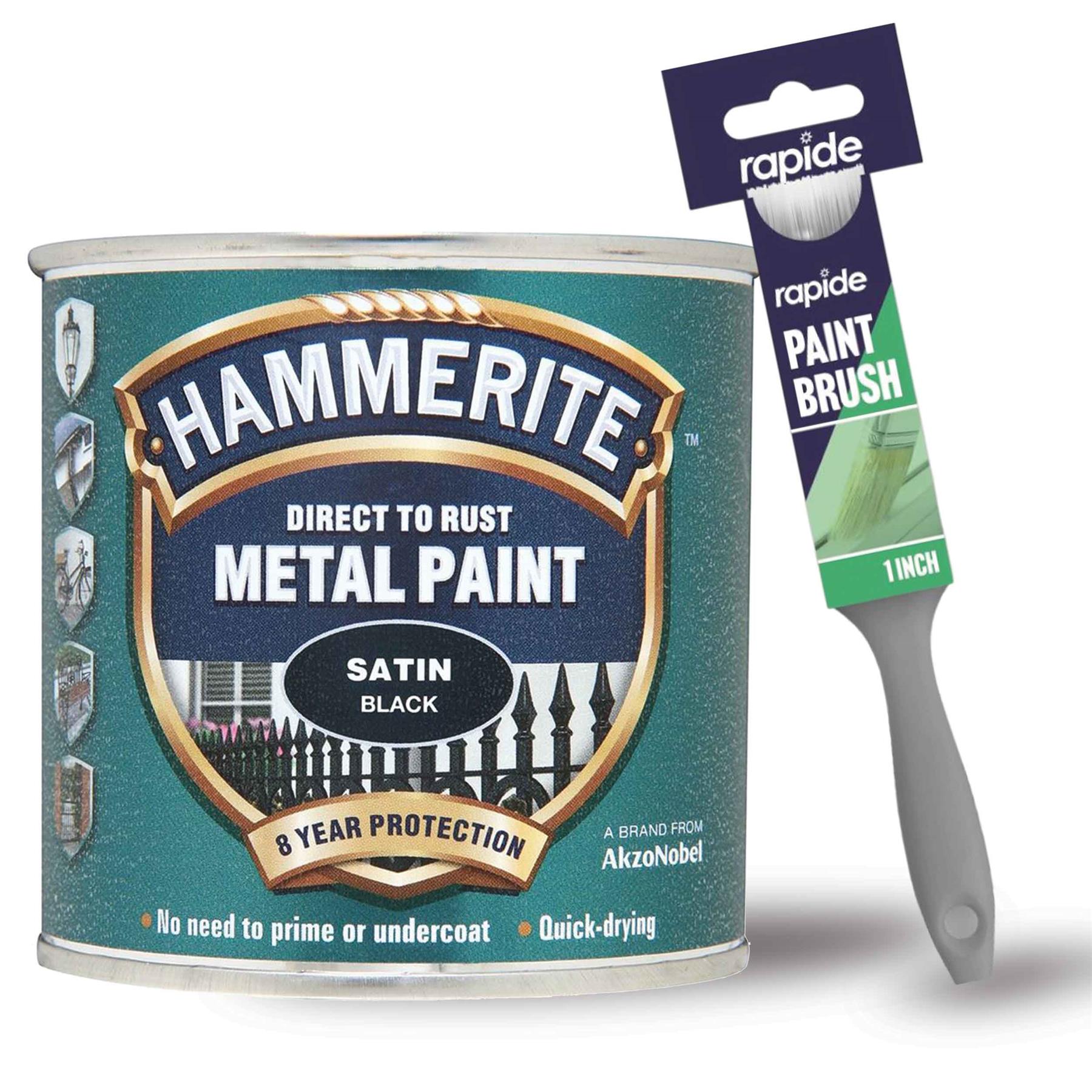 Hammerite Satin Black Metal Paint 250ml With 1" Paint Brush
