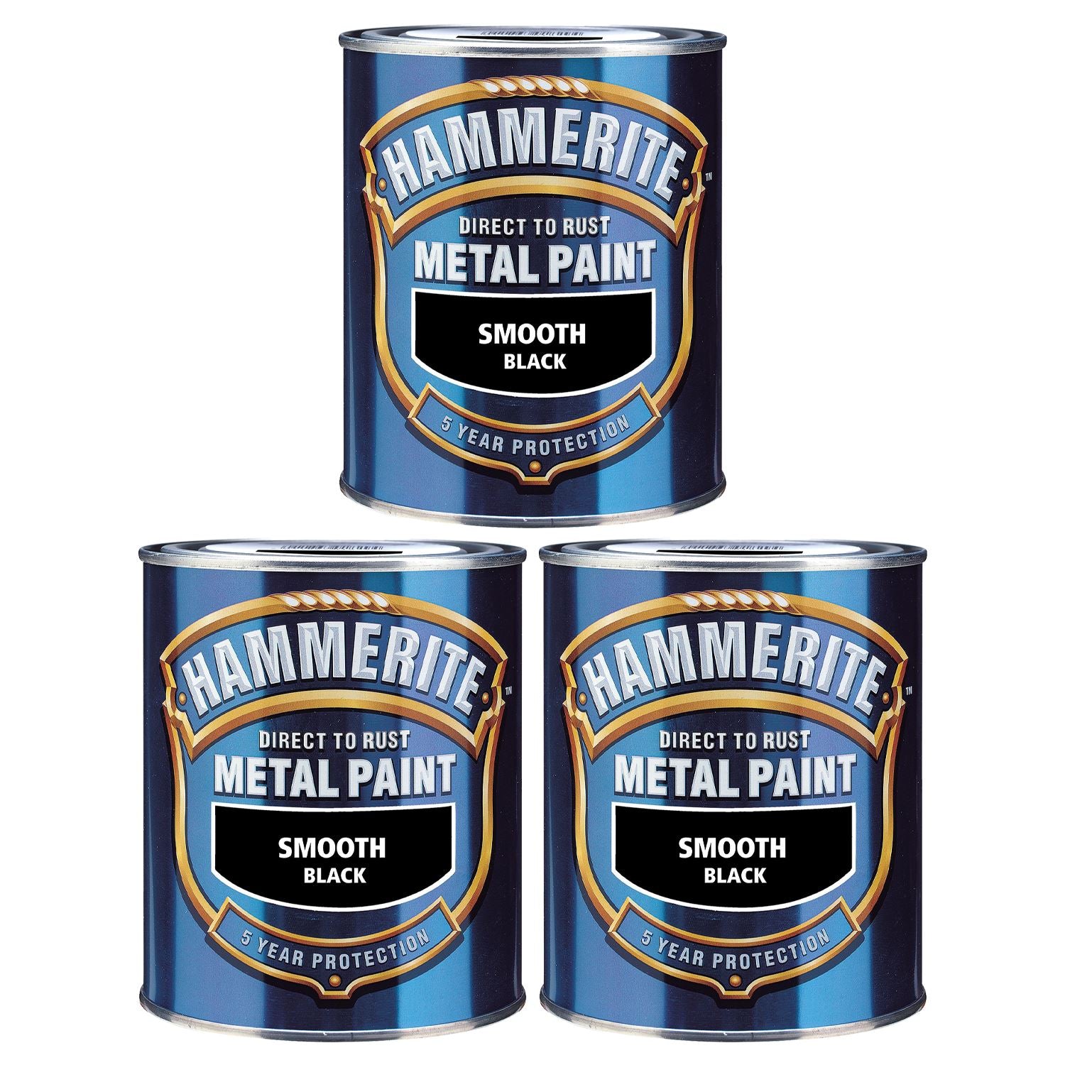 3X Hammerite Smooth Black Paint 750ml Tin Paint
